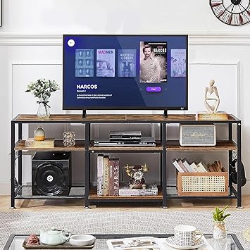 VECELO TV Stand for Televisions up to 70 Inch, Industrial Entertainment Center with 3-Tier Open Storage Shelves& Hooks for Living, Bedroom and Gaming Room, 65 Inch, Brown