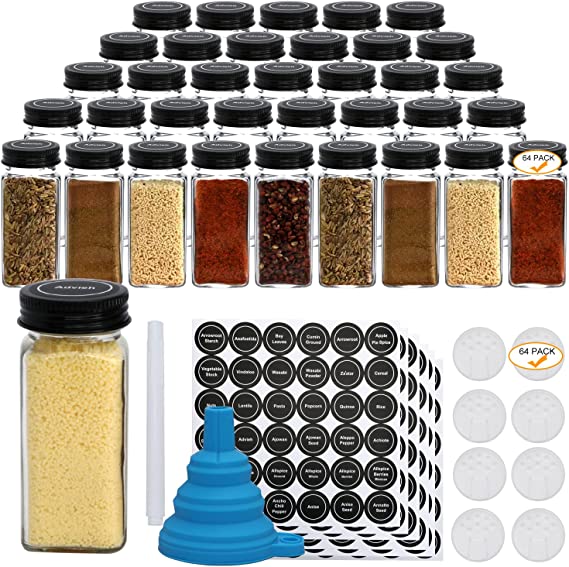 Woaiwo-q Spice Jars with Shaker Tops，4oz Empty Square Spice Bottles,64 Pcs Glass Spice Jars with Black Metal Caps