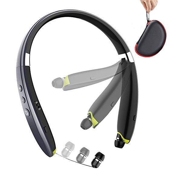 Foldable Bluetooth Headset,Wireless Bluetooth Headphones with Retractable Earbuds,Bluetooth Sweat proof Sport Headphones with Carry Case Built in Mic (gray yellow)