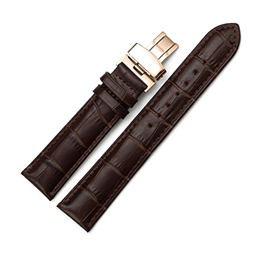 iStrap 20mm Genuine Leather Strap Replacement Watch Band W/ Rose Gold Steel Deployment Clasp Brown