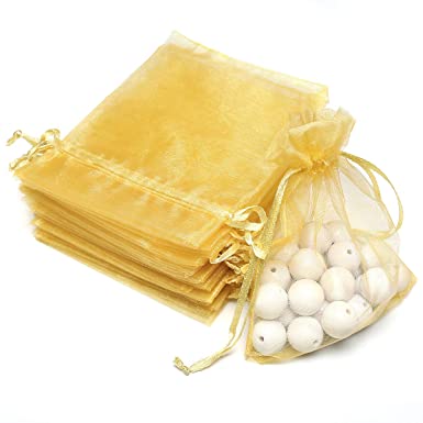 100pcs 3.6x4.8''(9x12cm) Organza Gift Bags, Drawstring Pouches Jewelry Party Wedding Favor Gift Bags,Candy Bags. (Golden)