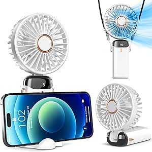 Koonie Portable Handheld Fan, Battery Operated Fan with Base, 8 Hours, Digital Display, 5 Speeds, 90° Ajustable, Rechargeable Mini Fan for Outdoor Indoor White