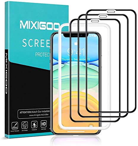 mixigoo 3 Packs Full Coverage Tempered Glass for iPhone 11/XR Screen Protector, 9H Hardness XR Tempered Glass Film [Easy to Install Frame] Anti scratch Screen Protective Film for iPhone 11/XR - 6.1