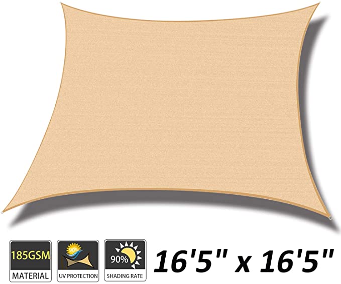 Cool Area 16'5" x 16'5" Square Sun Shade Sail for Patio Garden Outdoor, Heavy Duty UV Block Canopy Awning, Sand