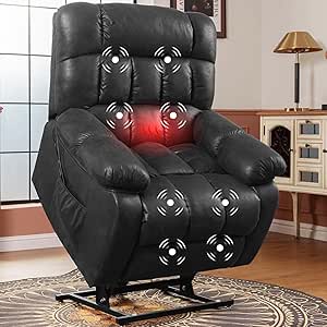 FLEXISPOT XL51 Dual Motor Power Lift Recliner Chair for Elderly, Lay Flat Recliner w/Massage & Heat, Faux Leather Electric Recliner Sofa w/USB Ports, Side Pockets for Living Room Bedroom, Black