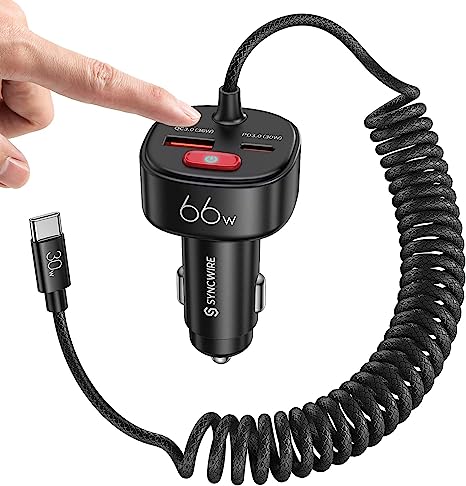 Syncwire USB C Car Charger with [Battery Leakage Prevention] 66W Super Fast Car Adapter with PD & QC 3.0 Built in 6FT Type C Coiled Cable for Samsung Galaxy/Google Pixel/Moto/Android, iPhone,iPad Pro