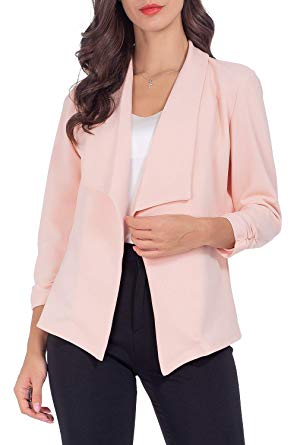 AUQCO Casual Open Front Blazer for Women Work Office Business Jacket Ruched 3/4 Sleeve Lightweight Draped Cardigan