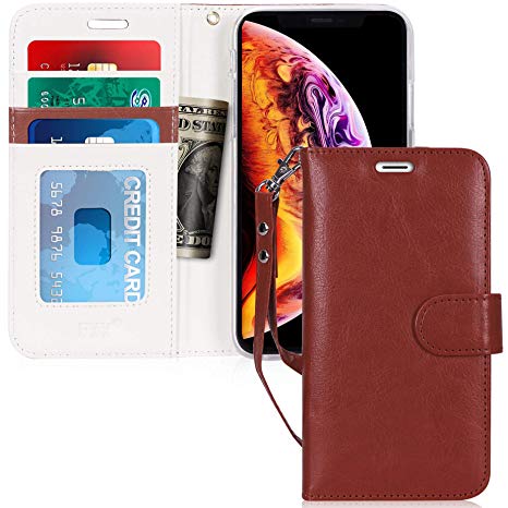 FYY Leather Wallet Case for Apple iPhone Xr (6.1") 2018, [Kickstand Feature] Flip Folio Case with ID Credit Card Pockets, Note Holder, and Wrist Strap for Apple iPhone Xr (6.1") 2018 Dark Brown