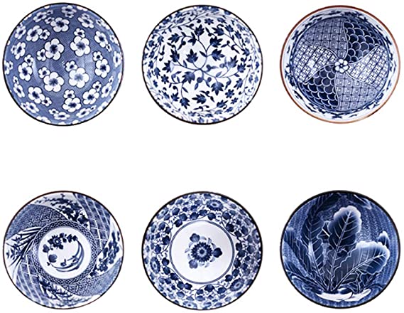 Patterned Porcelain Soup/Cereal Bowls Set, 6 Individual Japanese Designs Ceramic Bowls for Cereal/Soup, Set of 6