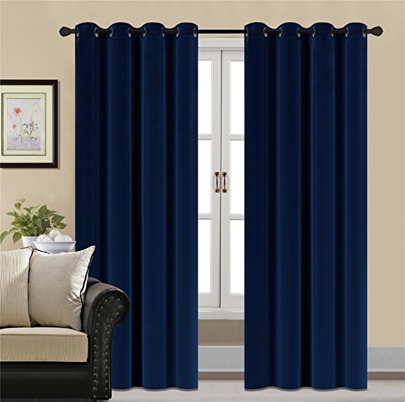 HCILY Blackout Velvet Curtains Navy 96 INCH thermal insulated for bedroom 2 panels (W52'' x L96'', Blue)