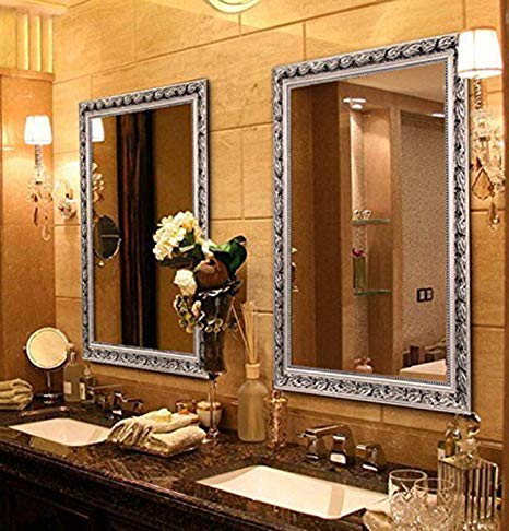 Large Rectangular Bathroom Mirror, Wall-Mounted Wooden Frame Vanity Mirror, Silver (38"x26")