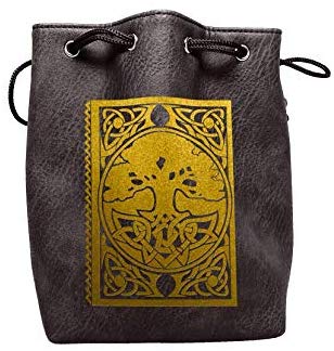 Black Leather Lite Large Dice Bag with Spell Book Design - Black Faux Leather Exterior with Lined Interior - Stands Up on its Own and Holds 400 16mm Polyhedral Dice