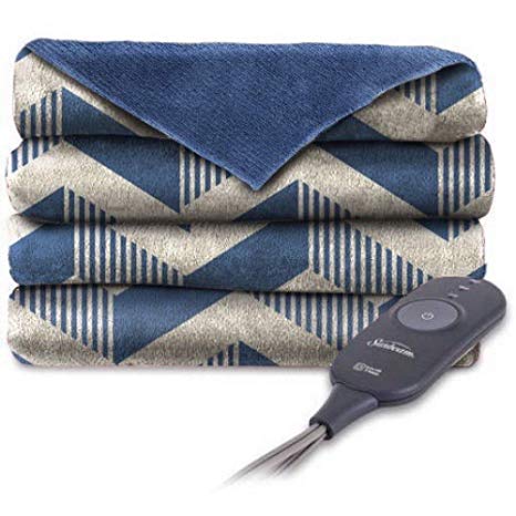 Sunbeam Microplush Heated Throw, Blue & White