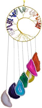 SUNYIK Tree of Life Agate Slice Wind Chime, Handmade Mixed Stone Healing Crystal Windchime for Indoor Outdoor Decoration Ornament