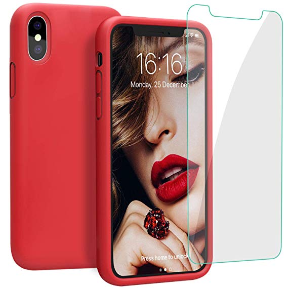 JASBON Case for iPhone Xs Max,iPhone Xs Max 6.5 Case,Liquid Silicone Phone Case with Free Screen Protector Gel Rubber Shockproof Cover Full Protective Case for iPhone Xs Max OLCD(2018)-Red