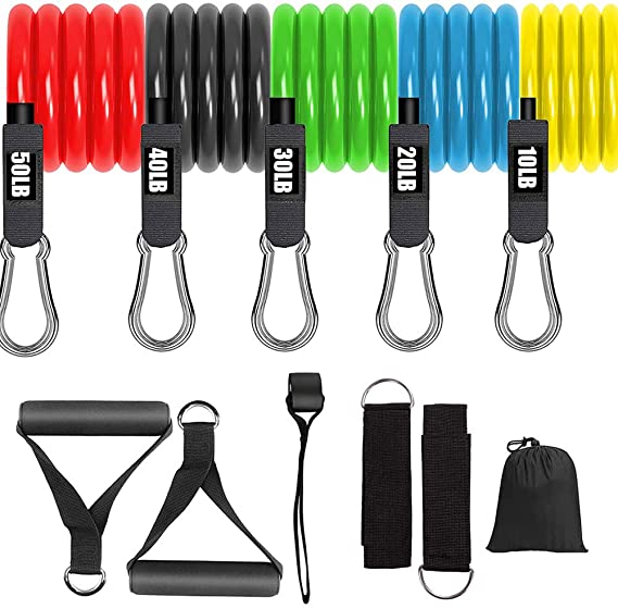 JAJ Resistance Bands Set (11pcs), Resistance Training Tubes with Door Anchor & Ankle Straps Guide Book and Carry Bag Workout for Arms Legs Back Chest Home Work Out Weights Men Women Stackable