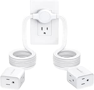 TROND Split Extension Cord Power Strip, Twin 10ft on Each Side, Low-Profile Flat Plug, Dual 3 Outlet Extender Cubes, 3 Prong Ground, 16 Gauge, Ideal for Behind TV Stand Sofa Headboard, Indoor, White