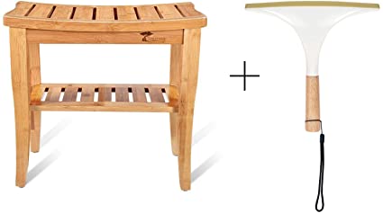 ToiletTree Products Deluxe Wooden Bamboo Shower Seat Bench with Underneath Storage Shelf (Seat with Squeegee)