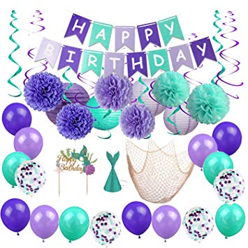 BYpamco Mermaid Party Decorations for Girls| Mermaid Party Supplies | Mermaid Banner, Mermaid Balloons, Lanterns, Fish Net, Pom Poms, Cake Toppers| Under The Sea Blue & Purple Nautical Decor