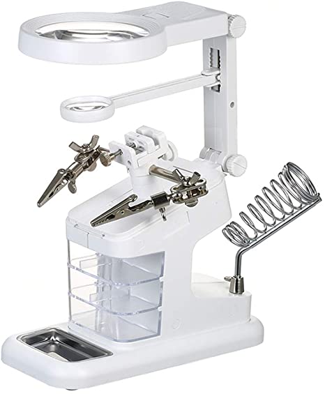 LED Light Helping Hands Magnifier Station - FEITA 3X/4.5X/25X USB Lighted Hands Free Magnifying Glass Stand with Iron Holder and Alligator Clips - for Soldering, Assembly, Hobby and Crafts