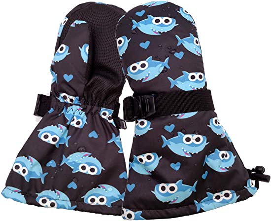 Children Winter Snow Mittens Kids Waterproof Gloves with longer cuff & Drawstring -Shark,S (4-6 Y)