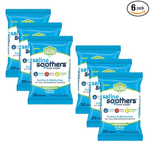 Wet Wipes for Face, Nose, Hands and Eyes, Allergy Relief, Pack of 6 Unscented by Saline Soothers, Moisturizing Tissue, Boogie Wipe, 120 Wet Wipes