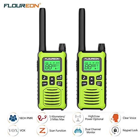 FLOUREON Walkie Talkie Two Way Radios Up to 5000Meters/3.1Miles Range 22 Channel Handheld Talkies Talky FRS/GMRS 462-467MHZ (Light Green)