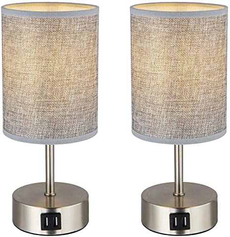 Touch Control Table Lamps with 2 USB Charging Port, Modern Bedside Nightstand Lamps Grey Fabric Shade and Metal Base Modern Desk Lamp for Bedroom, Guest Room or Office, Set of 2