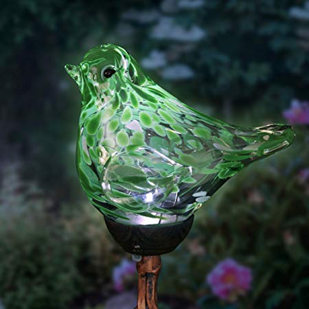 Exhart Solar Green Hand-Blown Glass Bird Yard Stakes -Bird Garden Stake w/Solar LED Lights in Spiral Bronze Finial Design - Bird Metal Stakes, Bird Decor, Garden Art Bird Ornaments, 7" L x3 W x30 H