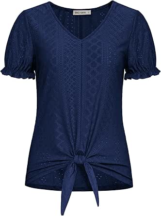 GRACE KARIN Women's 2024 Summer Tops Short Sleeve V Neck Basic T Shirts Dressy Casual Tie Front Tops Eyelet Blouses Tunic