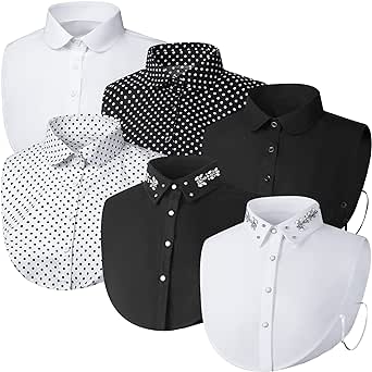 Women's Fake Collar Detachable Dickey Collar Faux False Collar Polka Dots Half Shirts Blouse for Women Girls (Black White with Rhinestone, 6 Pieces)