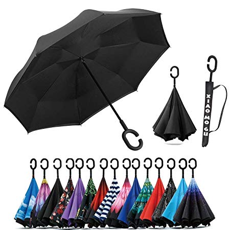 XIAOMOGU Creative Double Layer Inverted Umbrella Cars Reverse Umbrella, Windproof UV Protection Inverted Umbrella for Car Rain Outdoor Upside Down Umbrella with C-Shaped Handle