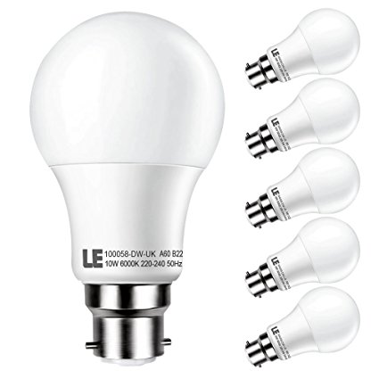 LE 5 Pack B22 LED Light Bulbs 10W, 60W Incandescent Bulbs Equivalent, 800lm, Daylight White, 6000K, 240° Flood Beam A60 Globe BC Bulb