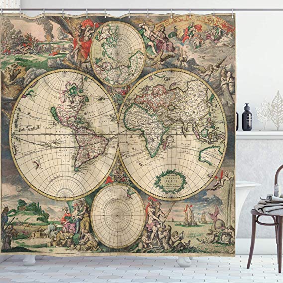 Ambesonne World Map Shower Curtain, Antique Design with Renaissance Continents and Hemispheres Vintage Art, Cloth Fabric Bathroom Decor Set with Hooks, 70" Long, Beige Green