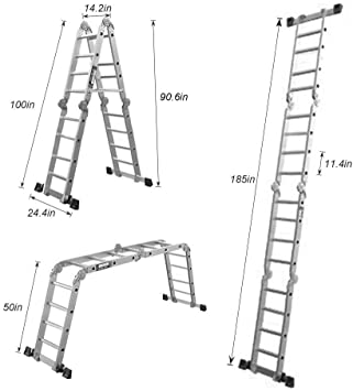 Stanz (TM) 15.5FT Folding Ladder Multi Purpose Aluminium Folding Step Ladder Scaffold Ladder 7 in 1 Step Extension Ladder