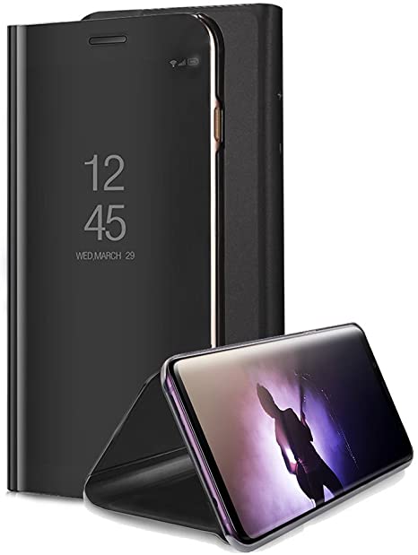 for Samsung Galaxy Note 8 Mirror Case, Aearl Plating PC Smart Clear View Window Vertical Flip Stand Cover Full Body Protective Shell with Screen Protector Kickstand for Galaxy Note 8 - Black