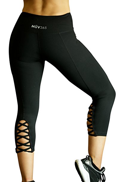 MÜV365 Ultimate Yoga Pants for Women | Crisscross Strappy Workout Leggings with Hidden Pocket