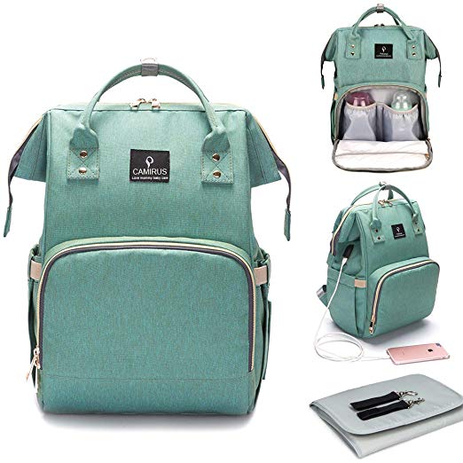 Baby Diaper Bag Backpack, Large Capacity Waterproof Mommy Nappy Bag for Women Toddler Newborn, Multifunction Travel Organizer with Stroller Straps, USB Charging Port, Changing Pad - Mint Green