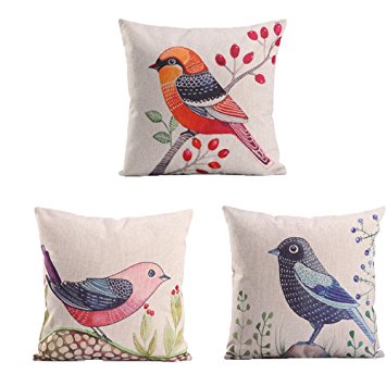 Monkeysell 3pcs Custom LOVE Birds Pattern Linen Decorative Throw Pillow Case Sofa Car Throw Pillow Cover (Three little birds and flowers)