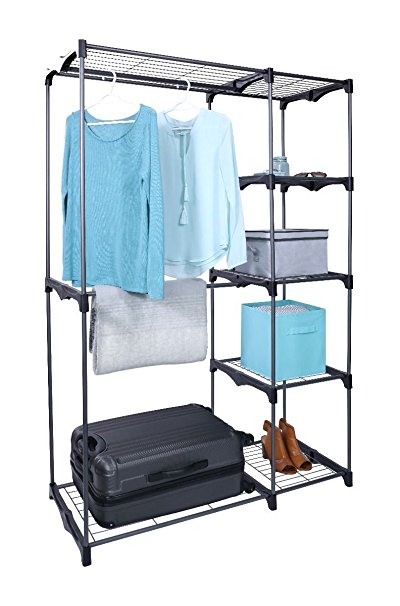 Whitmor Freestanding Portable Closet Organizer – Heavy Duty Black Steel Frame - Double Rod Wardrobe Cloths Storage With 5 Shelves & Shoe Rack for Home or Office – Size: 45-1/4 x 19-1/4 x 68”