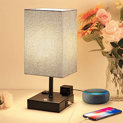 Touch Table Lamp with 2 USB Charging Ports and 2 AC Outlets, 3 Way Dimmable Touch Lamp Bedside Lamp Grey Nightstand Lamps Square Lampshade Bedroom Lamp for Metal Base Perfect for Bedroom Living Room