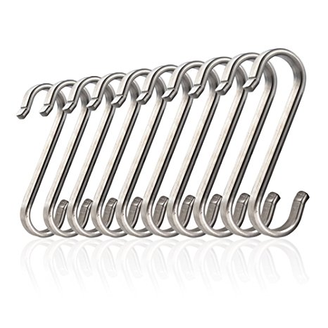 KES PTS-SH2-P10 Solid SUS304 Stainless Steel S Hook Kitchen Garage Utensil Utility Large Hook 3mm-Thick Heavy Duty 10 Pcs Pack, Brushed