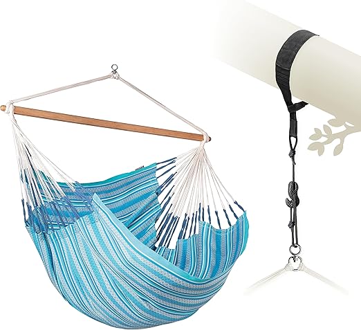 LA SIESTA® - XL King Habana Cotton Hammock Chair & TreeMount - Hanging Hammock Chair w/Suspension Kit for Trees Beams & Posts - Indoor Outdoor Swing Hanging Chair for Bedroom Patio Balcony - Azure