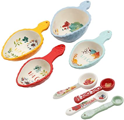 The Pioneer Woman 8 Piece Set - 4 Willow Measuring Scoops and 4 Winter Bouquet Measuring Spoons Ceramic Floral