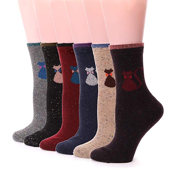 Womens Girls Wool Socks Cat Pattern Warm Comfort Cotton Work Duty Boot Winter Socks For Cold Weather 6 Pack