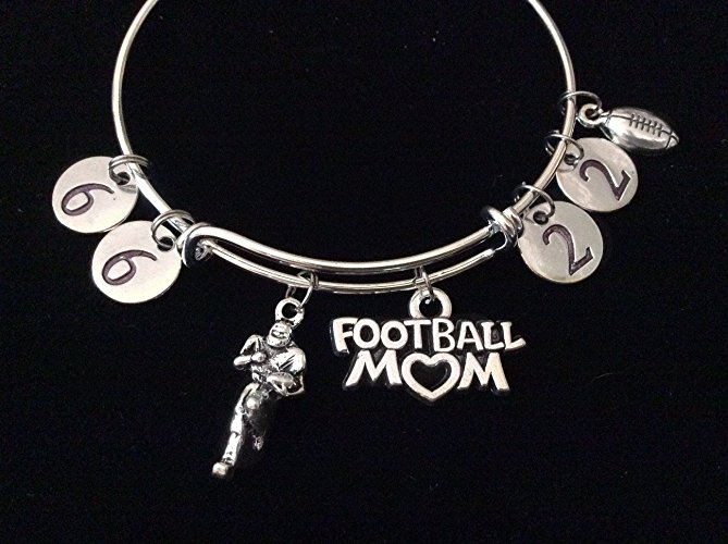 Custom Football Mom Expandable Silver Charm Bracelet Adjustable Wire Bangle Handmade Gift Trendy Sports Team (Number Options Available upon Request)