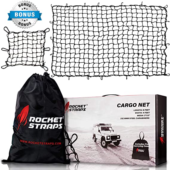 ROCKET STRAPS Cargo Net | 4’x6’ Bungee Net Stretches to 8'x12' | Truck Bed Net Includes (12) Steel Carabiners & Bag | Heavy Duty 5mm 3”x3” Mesh | Bonus 16"x16" Motorcycle and Bike Net | (2) Cargo Nets