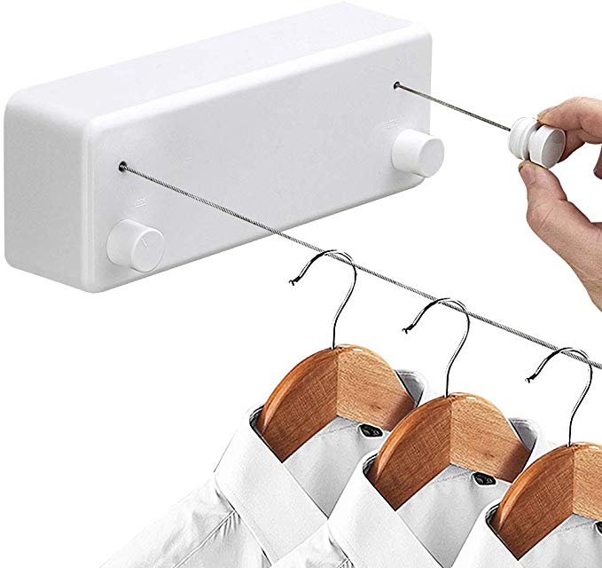 Hoimpro Retractable Clothesline with Adjustable Stainless Steel Double Rope String Hotel Style Heavy Duty for Bathroom, Wall Mounted Laundry Drying Line for Shower, 14 Feet Indoor Clothes Line, White