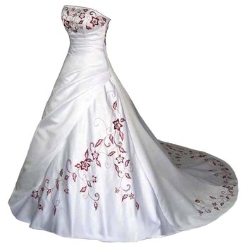 Faironly White Satin Red Embroidery Strapless Satin Wedding Dress