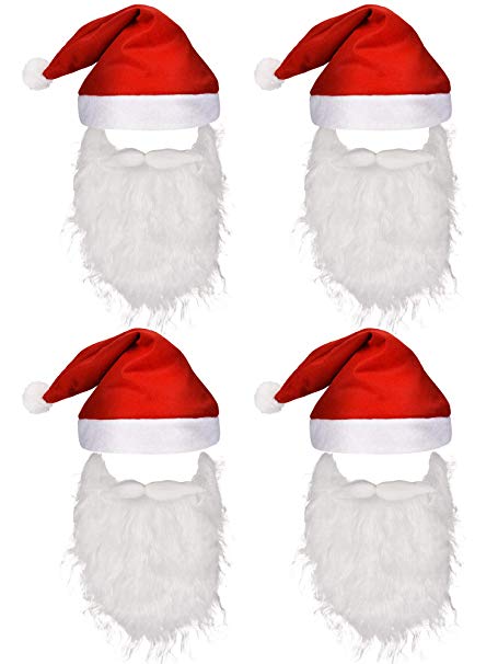 8 Pieces Christmas Costume Set Includes 4 Pieces of Santa Hat and 4 Pieces of Artificial Christmas Beards for Christmas Holiday Party